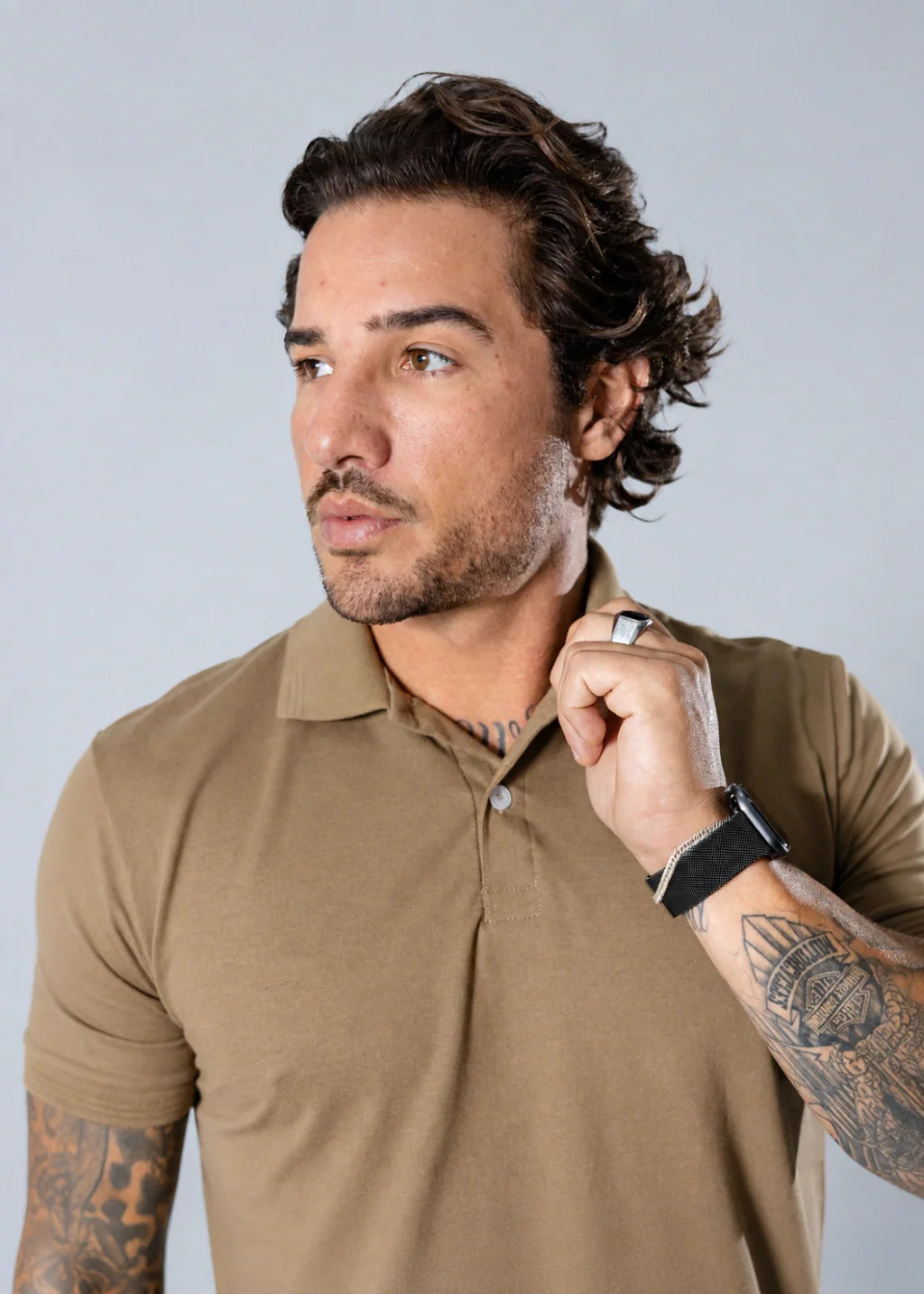 Camisa Gola Polo Masculina Piquet Manga Curta Caqui